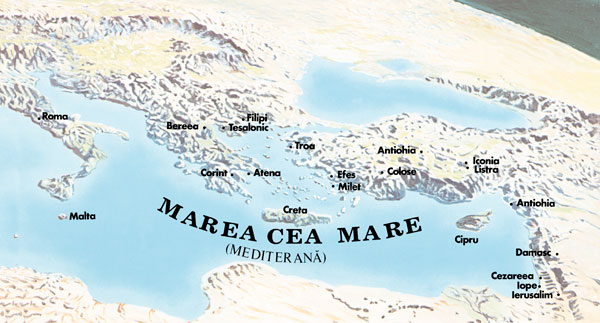 Harta locurilor vizitate de Pavel și Timotei