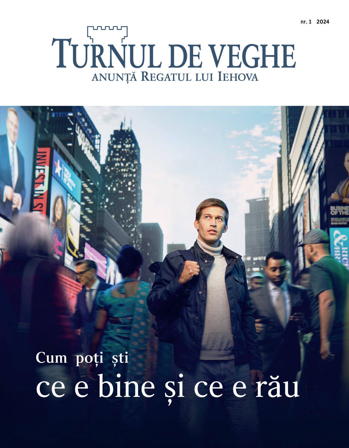 Un bărbat tânăr aflat într-o zonă aglomerată dintr-un oraș privește în sus ca și cum ar căuta îndrumare în timp ce oameni de diferite naționalități și din diferite medii sociale trec pe lângă el grăbiți