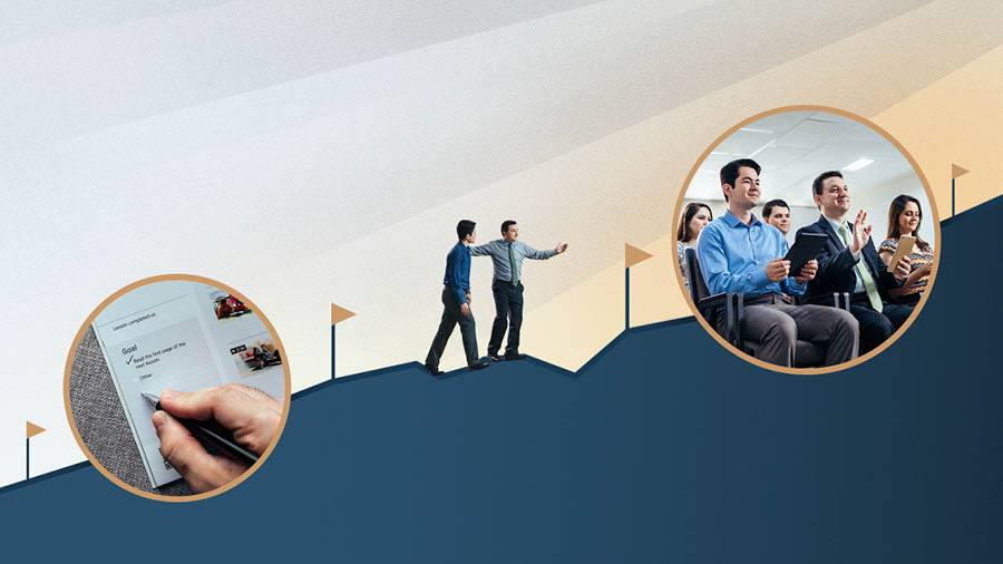 Брат с изучающим поднимаются в гору, преодолевая по пути различные отметки. 1. Изучающий записывает цель, которой хочет достичь, в личном экземпляре книги «Радуйтесь жизни сейчас и вечно!». 2. Изучающий присутствует на встрече собрания.