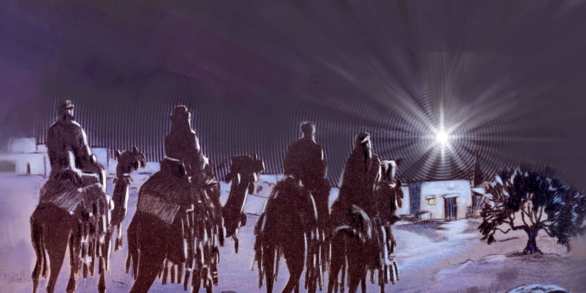 Астрологи идут за звездой к дому, в котором живут Иосиф, Мария и Иисус