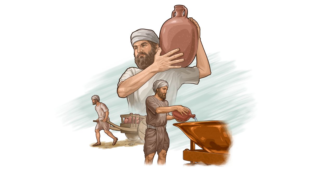 Коллаж «Левиты выполняют различные обязанности во дворе храма»: 1) один из них выливает воду из глиняного кувшина в медный чан; 2) другой везёт тележку с глиняными кувшинами; 3) третий несёт на плече глиняный кувшин.