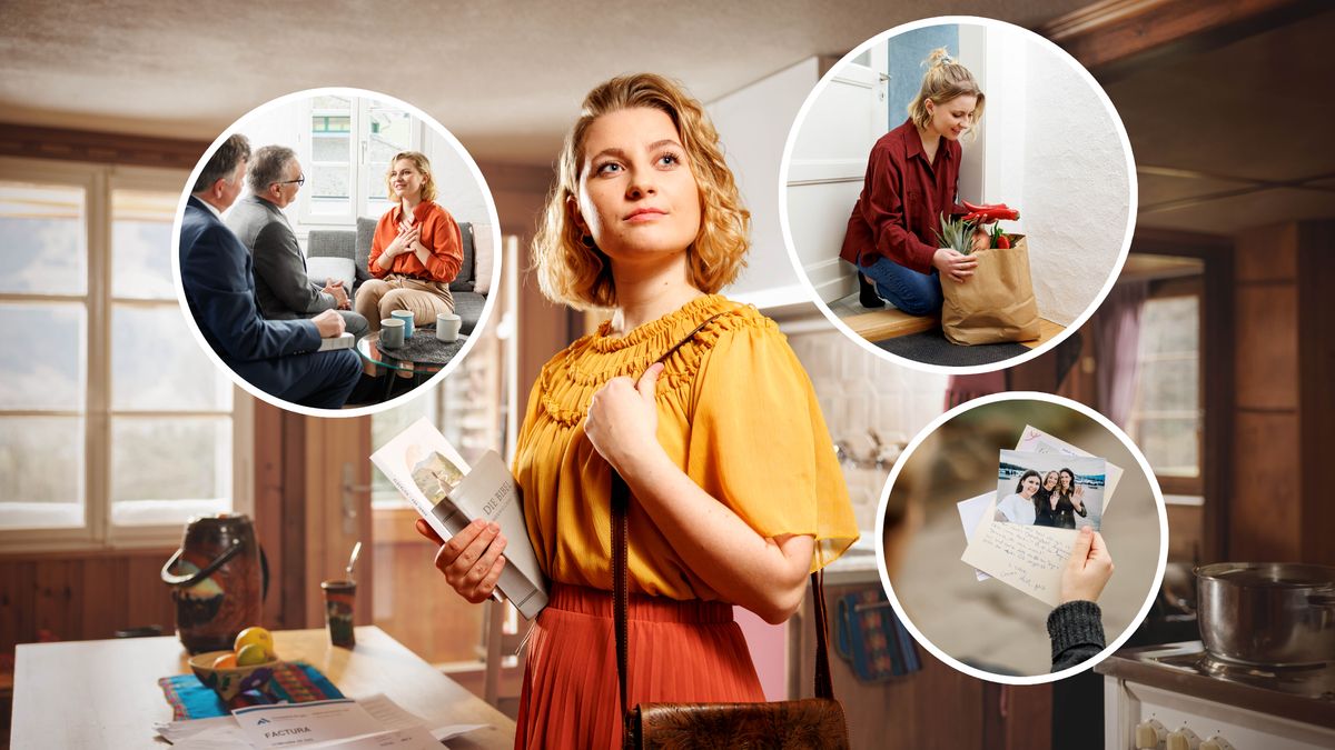 Сестра собирается в служение и вспоминает, как Иегова ей помогал. Коллаж: 1) двое старейшин утешали её; 2) ей принесли пакет с продуктами; 3) друзья прислали ей письмо и фотографию.