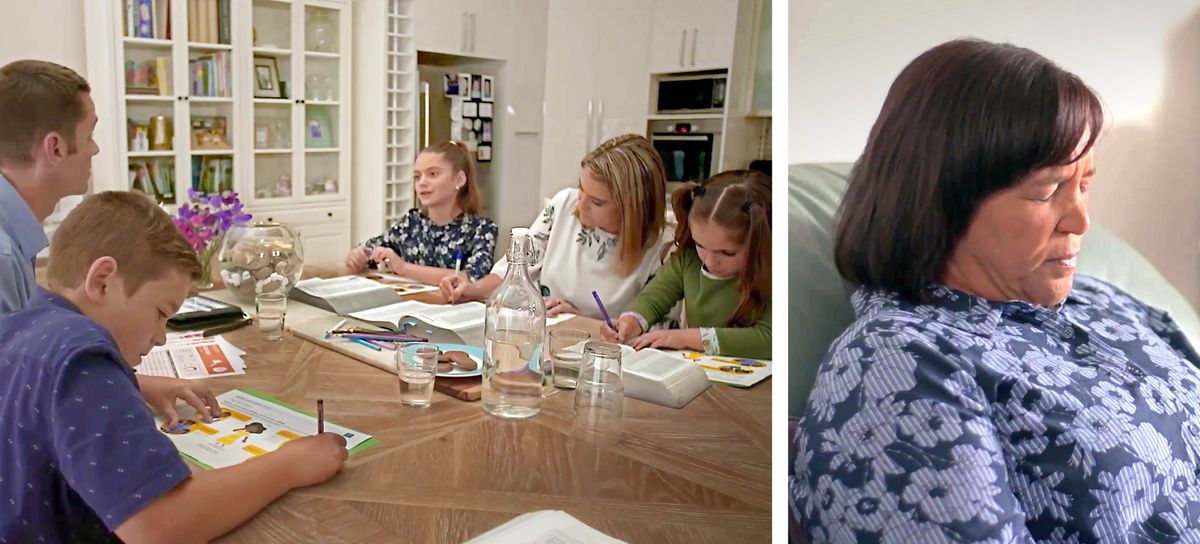 Кадры из видео «Горячо молитесь за тех, кто сталкивается с испытаниями»: 1) семья Уилсон выполняет задание «Молитесь за других» из рубрики «Стань другом Иеговы»; 2) Глинис молится.