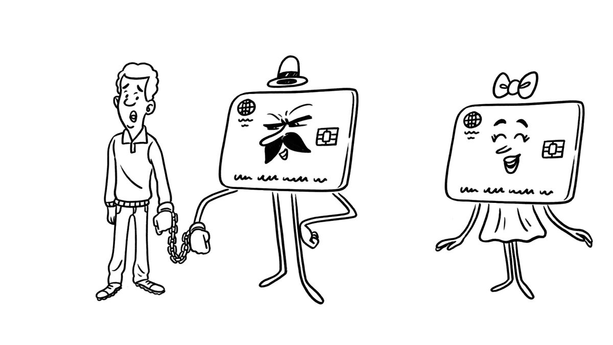 Кадр из видео «Как распоряжаться деньгами». Парень стоит прикованный наручниками к гигантской живой кредитке, ему улыбается другая кредитка.