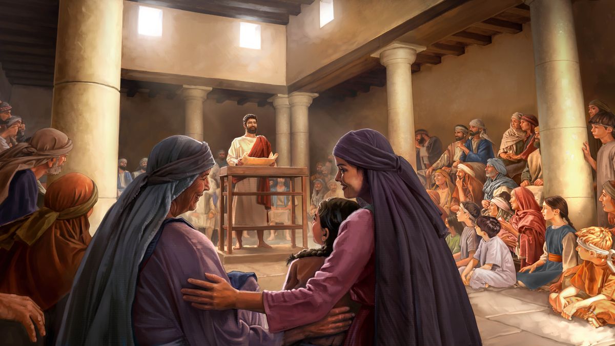 Иисус обращается к собравшимся в синагоге, у него в руках открытый свиток. Его внимательно слушают мужчины, женщины и дети.