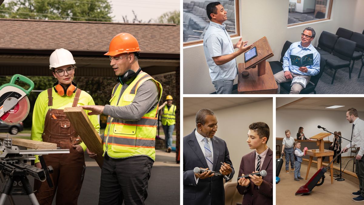 Коллаж «Братья обучают других»: 1) на строительном проекте брат обучает сестру работать с циркулярной пилой; 2) в пустом Зале Царства брат репетирует свою речь; его внимательно слушает брат постарше, который держит в руках брошюру «Развивай навыки чтения и способность учить»; 3) брат объясняет брату-подростку, как заменить батарейки в микрофоне; 4) папа и два его сына участвуют в уборке Зала Царства; папа и старший сын пылесосят сцену, а младший сын в это время протирает тряпкой пюпитр.