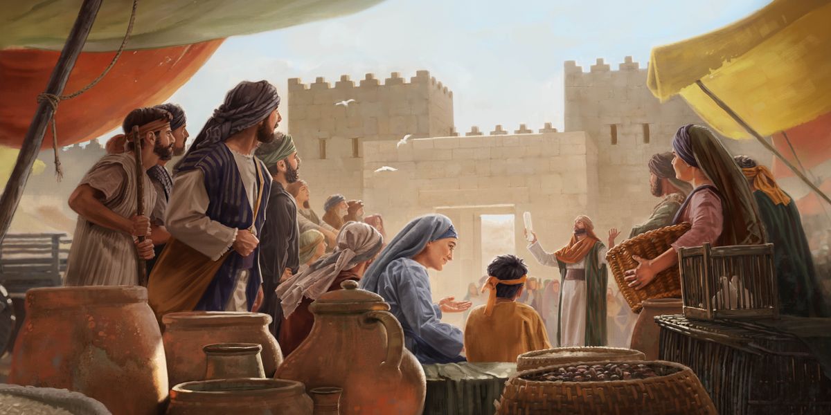 У городских ворот группа евреев внимательно слушает священника, который держит в руках свиток и объясняет закон.