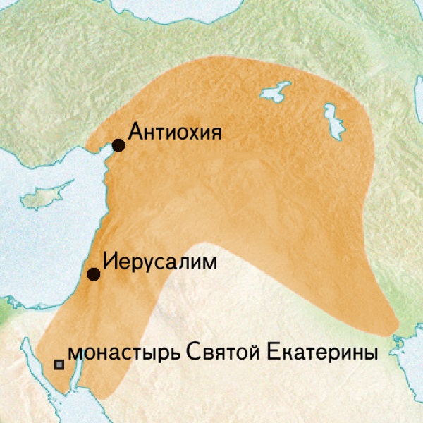 Карта, на которой показана область вокруг Антиохии и Иерусалима, где говорили на сирийском языке