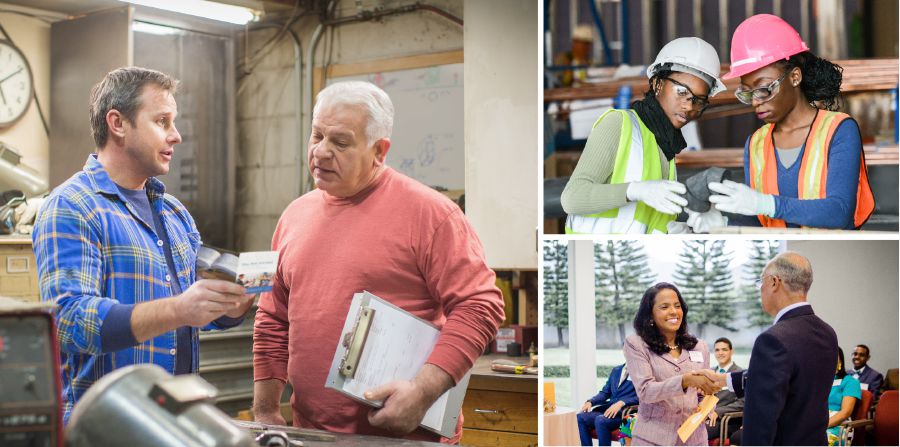 Брат говорит со своим начальником; сестра трудится на теократической стройке; сестра учится в Школе благовестников Царства