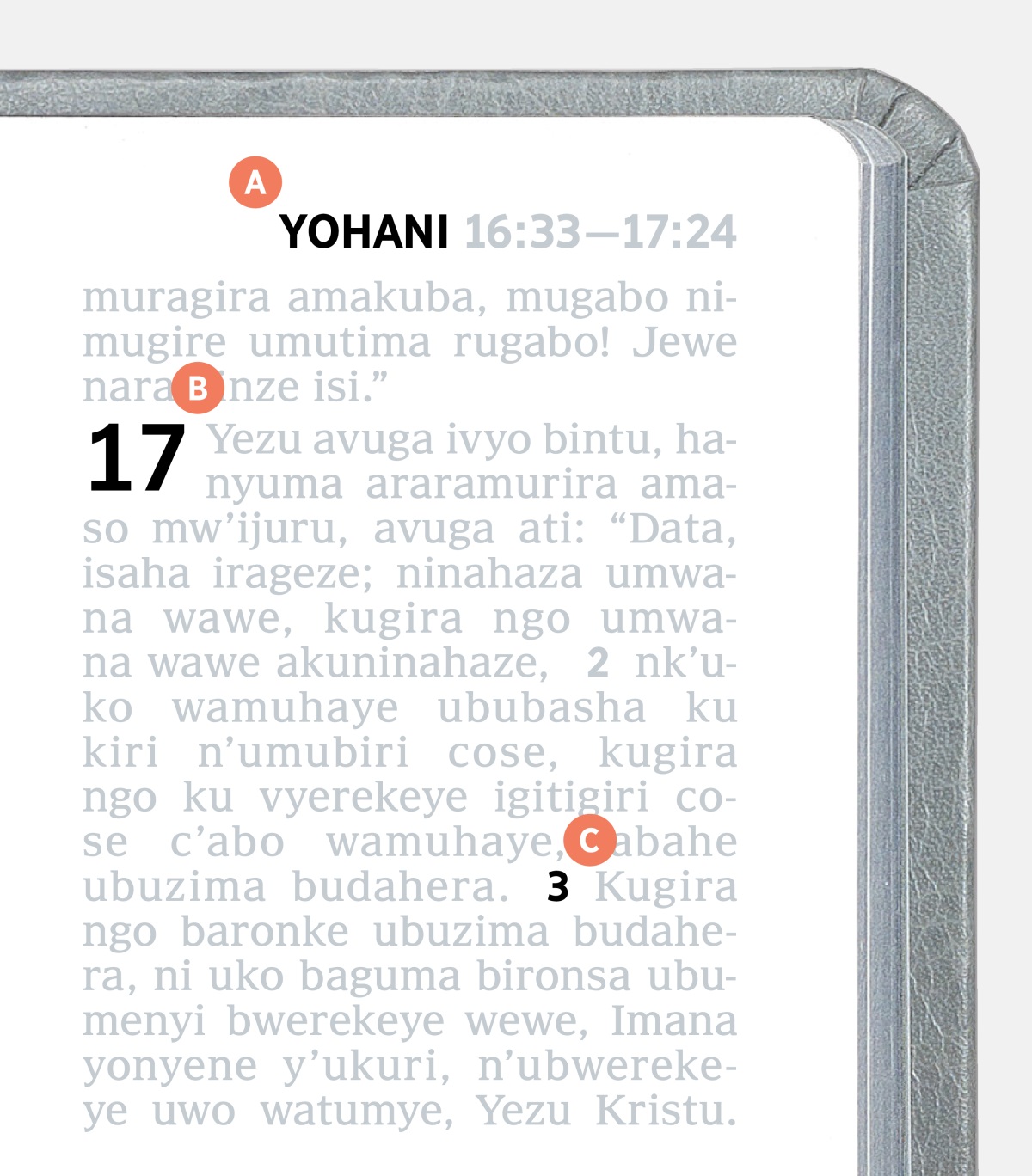Udufoto twerekana imice A, B, na C ku rupapuro rwo muri Bibiliya.