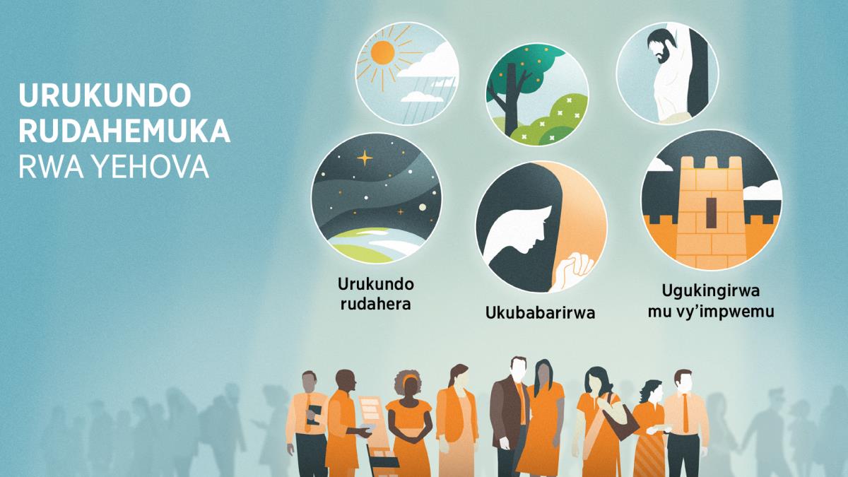 Abasavyi ba Yehova berekanywe bari hagati mu bandi bantu. Amafoto: Uburyo butandukanye Yehova agaragaza urukundo. 1. Urukundo rudahera, rwerekaniwe kw’isi ikikujwe n’ijuru ryuzuye inyenyeri. 2. Uguharirwa, kwerekaniwe kuri mushiki wacu ariko arasenga. 3. Ugukingirwa mu vy’impwemu, kwerekaniwe ku ruhome rukingira igisigara. Hejuru yaho haboneka uburyo butandukanye Yehova agaragariza urukundo abantu bose muri rusangi. 4. Izuba n’imvura. 5. Amashurwe, ibiterwa n’ibiti. 6. Incungu.