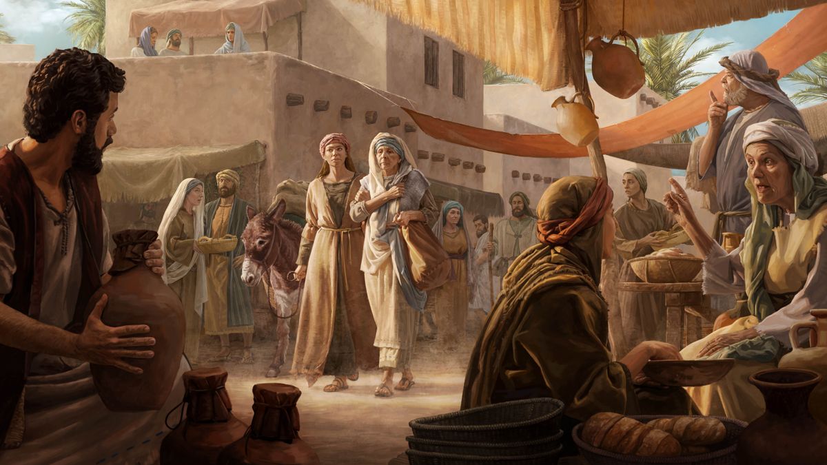 Rusi na Nawomi bashitse i Betelehemu. Rusi ariko arakwega indogobwa iriko ibintu afashe Nawomi ukuboko bariko bararengana. Abantu baguma babaraba batangaye.