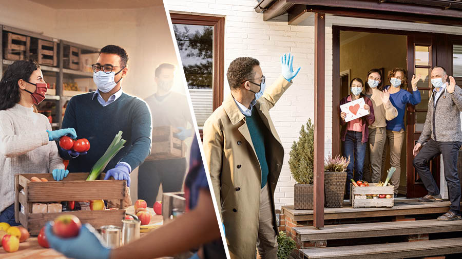 Foto: 1. Abale na alongo ali kuikha pyakudya m’mabokosi. 2. M’bale unango asiya bokosi ya pyakudya panyumba ya banja inango.