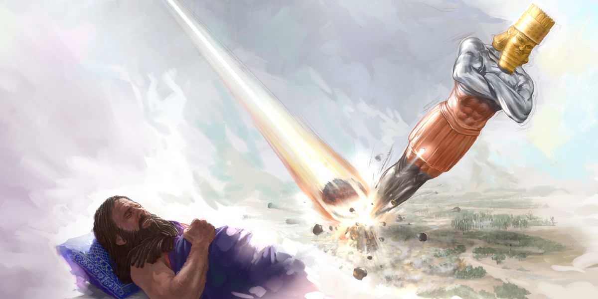 King Nebuchadnezzar dreams about a huge statue that is crushed by a stone
