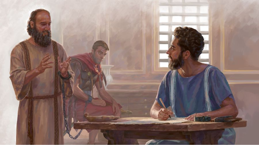 The apostle Paul dictates a letter to Timothy while under house arrest and chained to a guard
