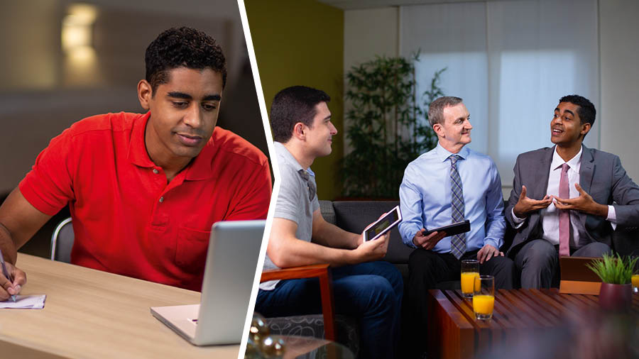 Collage: 1. A brother prepares material for a Bible study he will assist with. 2. The same brother participates during the study session.