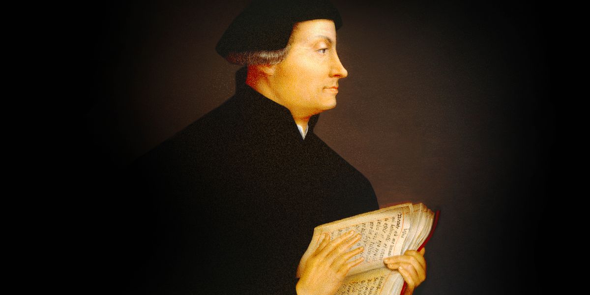 Huldrych Zwingli holding an open Bible.