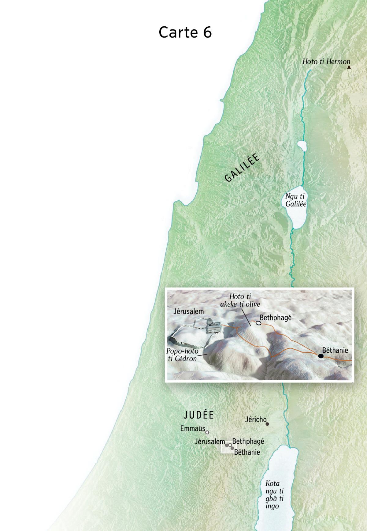 Carte ti ando so Jésus asara ndangba kusala ti lo dä, so andu nga Jérusalem, Béthanie, Bethphagé nga na Hoto ti akeke ti olive