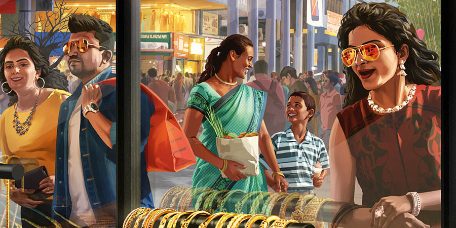 ඉන්දියාවේ කඩසාප්පු පිරුණු පාරක මිනිස්සු ලොකු ලොකු ගණන්වලට බඩු ගද්දී අම්මෙකුයි පුතෙකුයි තියෙන දෙයින් සෑහීමට පත් වෙලා සතුටින් ඇවිදන් යනවා.