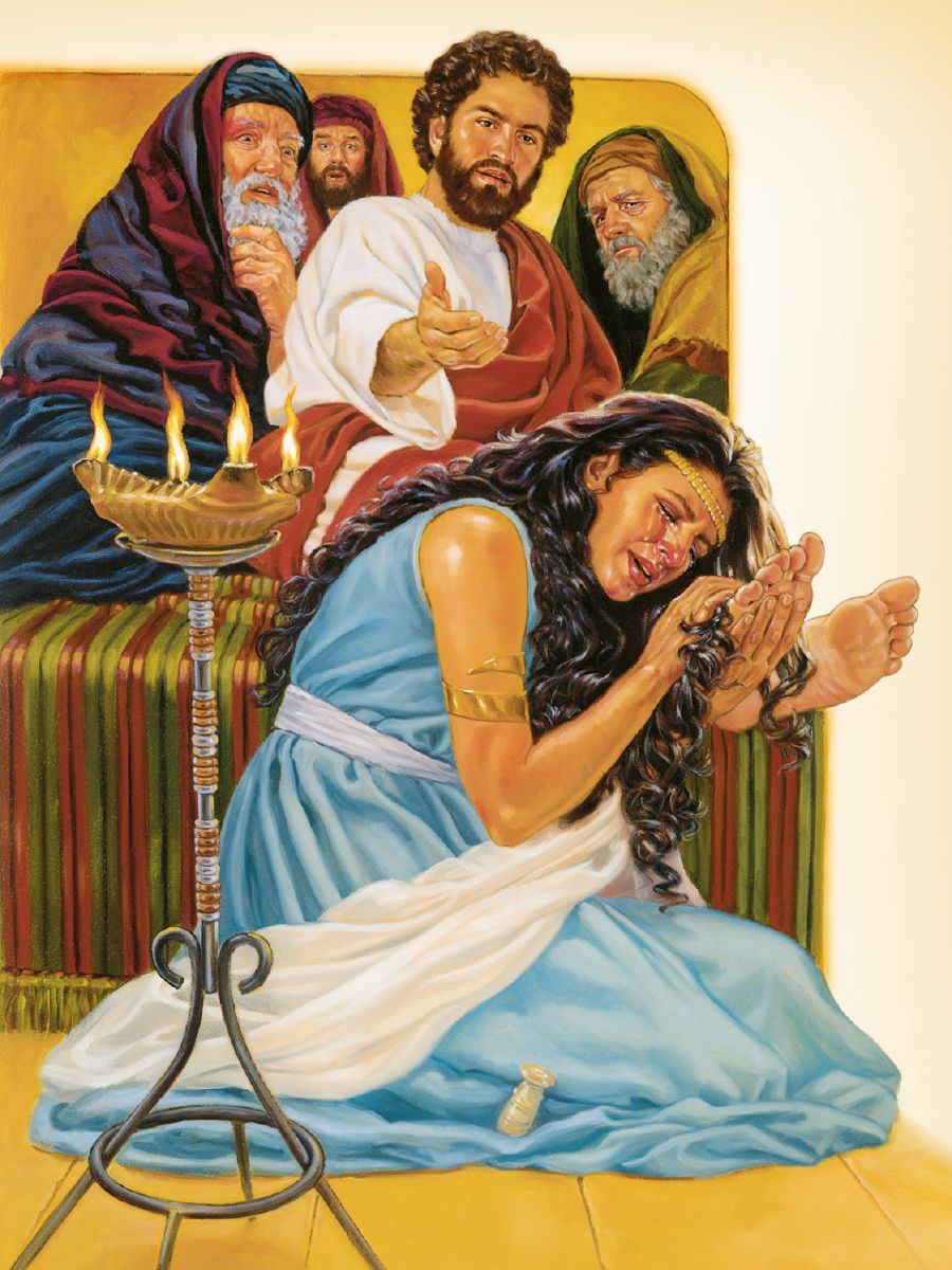 ස්ත්‍රියක් යේසුස්ගේ පාද මත තෙල් වත් කරලා එයාගේ කෙස්වලින් පාද පිහදනවා. යේසුස් ඇයට සමාව දෙනවා