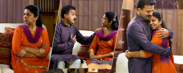 1. සැමියා එක්ක අමනාපයෙන් ඉන්න බිරිඳක්; 2. සැමියා ඇය සමඟ කතා කරලා ඇගෙන් සමාව ඉල්ලනවා; 3. බිරිඳට ඔහුට සමාව දෙනවා