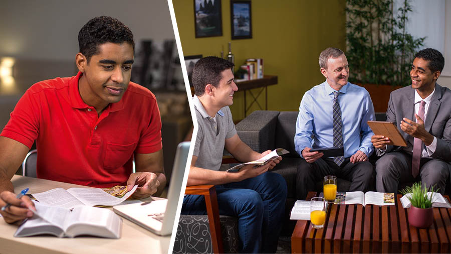 පින්තූරවල අදහස: 1. වෙන කෙනෙක් කරන පාඩමකට යන්න කලින් සහෝදරයෙක් පාඩමට හොඳින් සූදානම් වෙනවා. 2. ඒ සහෝදරයා පාඩමට හවුල් වෙනවා.