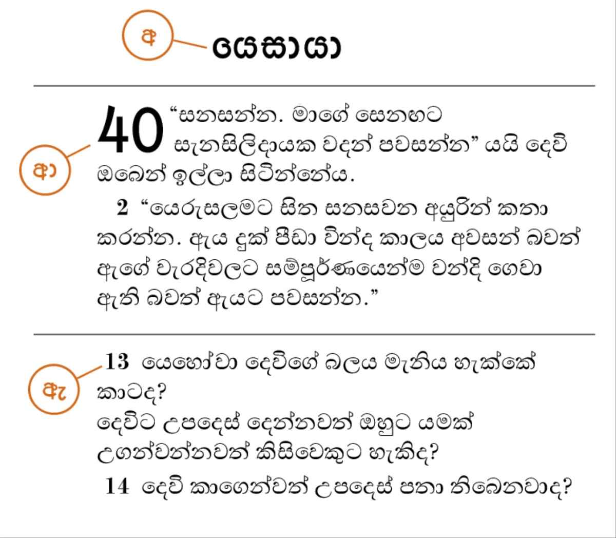 අ) බයිබල් පොතේ නම, ආ) පරිච්ඡේදය සහ ඇ) ඡේදය හොයාගන්න පුළුවන් විදිහ පෙන්වන බයිබලයේ කොටසක්