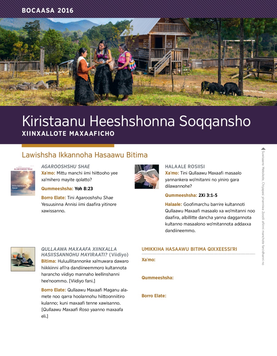 Kiristaanu Heeshshonna Soqqansho, Bocaasa 2016