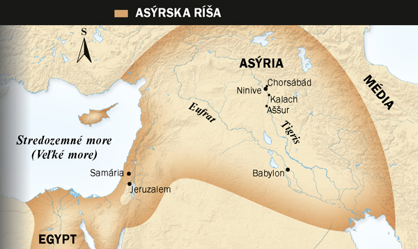 1. asýrsky okrídlený býk; 2. mapa Asýrskej ríše