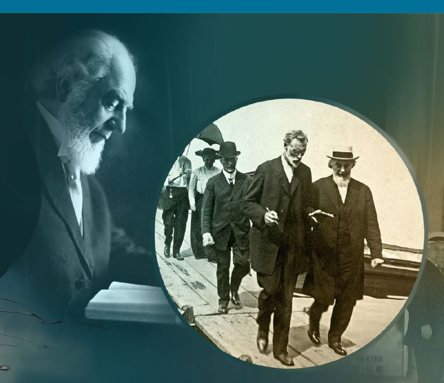 Séria obrázkov: 1. Charles Taze Russell si číta Bibliu. 2. Charles Taze Russell s niekoľkými svojimi spoločníkmi.