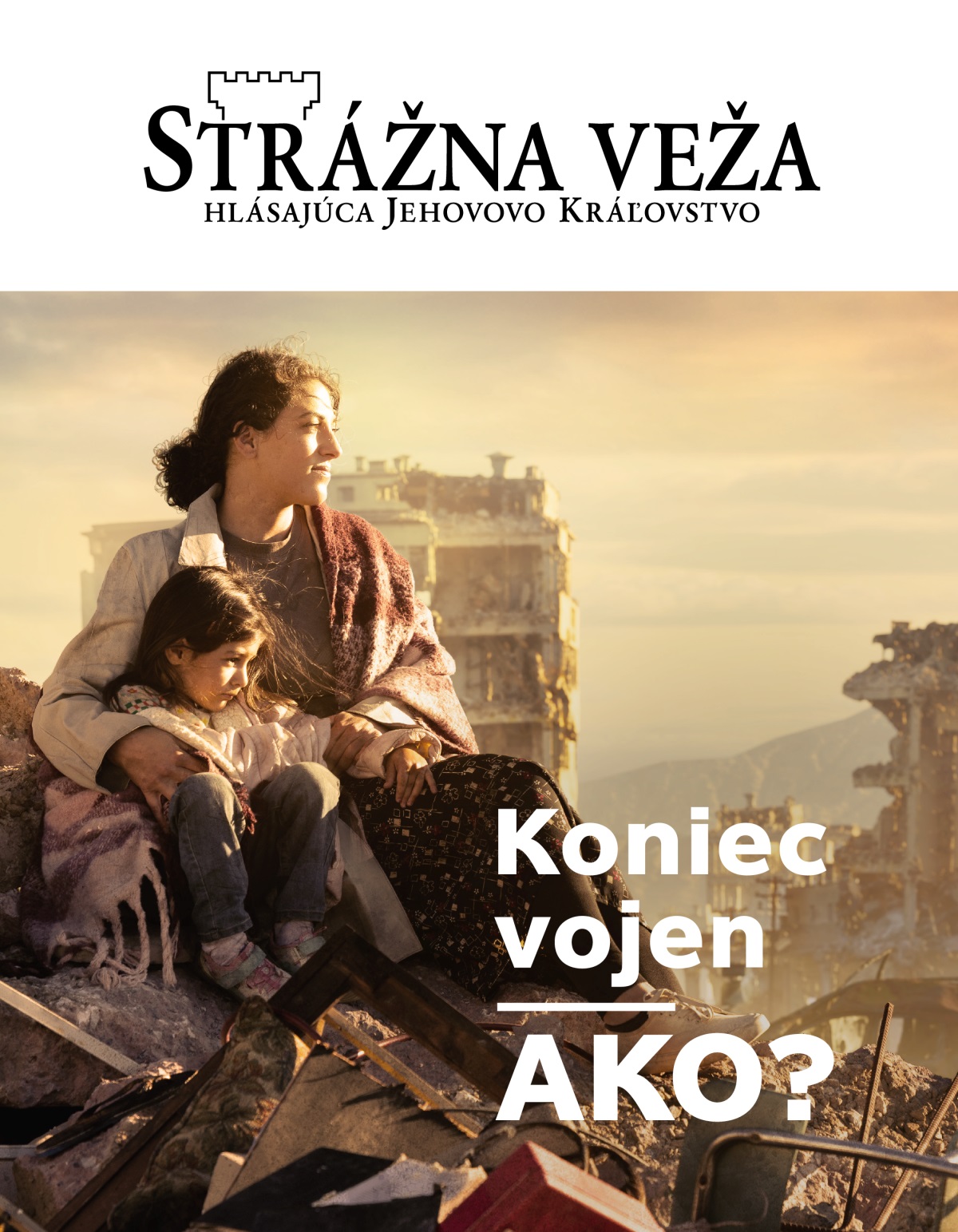 Žena drží malú dcérku okolo ramien. Spolu sedia na hromade trosiek v meste, ktoré bolo zdevastované vojnou. Okolo nich sú zničené budovy.