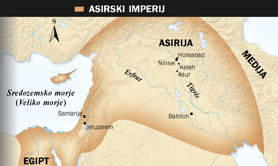 1. Asirski bik s krili; 2. Zemljevid asirskega imperija