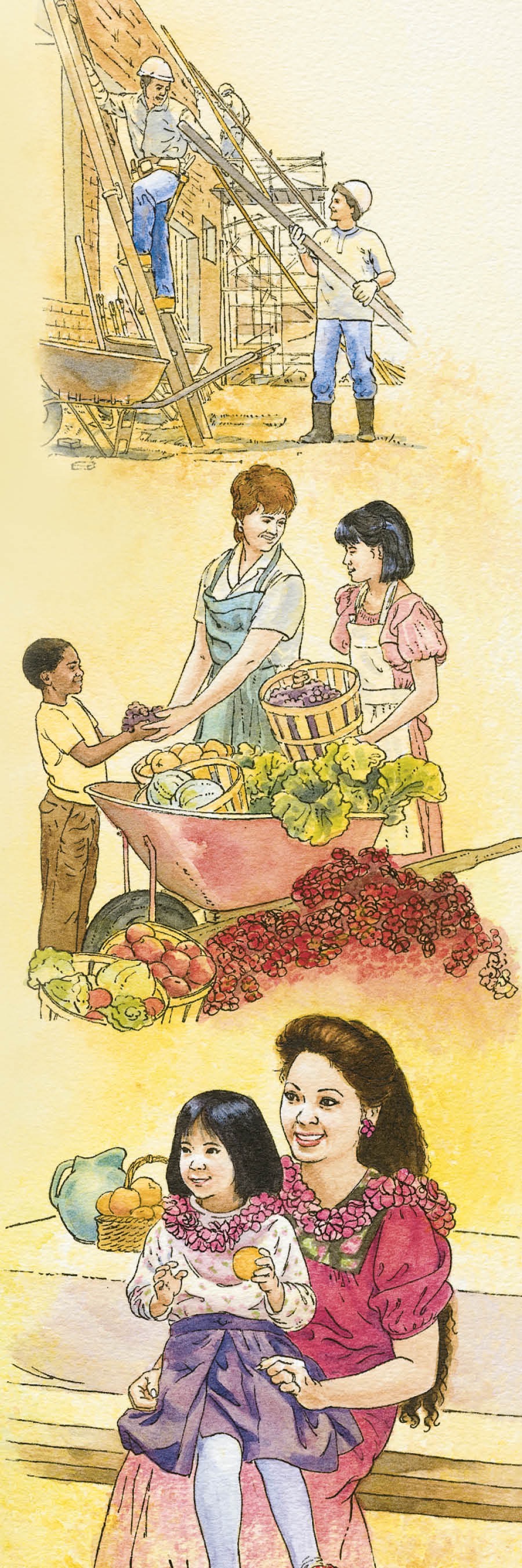 V raju ljudje gradijo hišo; nekateri nabirajo hrano; mama v naročju drži svojo hčerko.