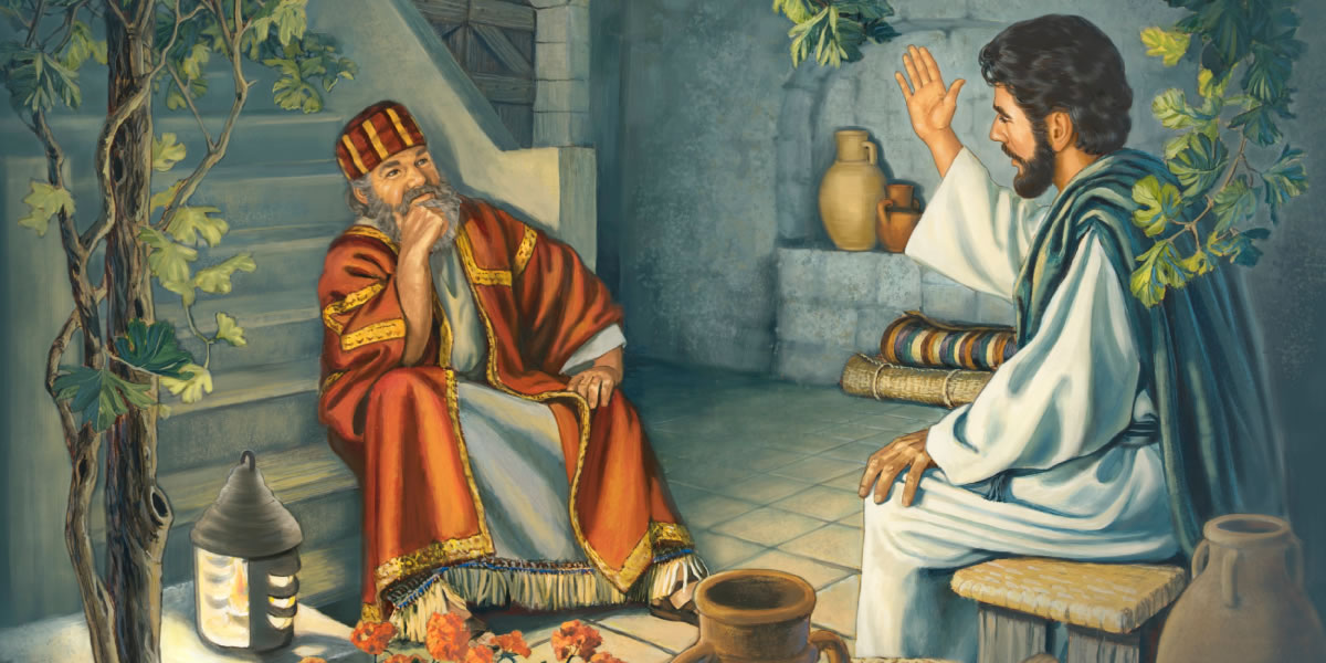 Jezus ponoči govori z Nikodemom.