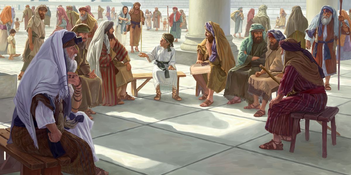 Dvanajstletni Jezus sedi med učitelji v templju.
