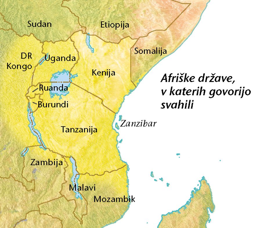 Zemljevid afriških držav, v katerih govorijo svahili