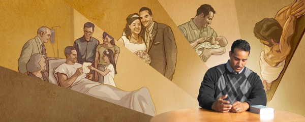 Moški se Jehovu v molitvi zahvaljuje za blagoslove, kot so odkupna žrtev, otrok, soproga in dobri prijatelji.