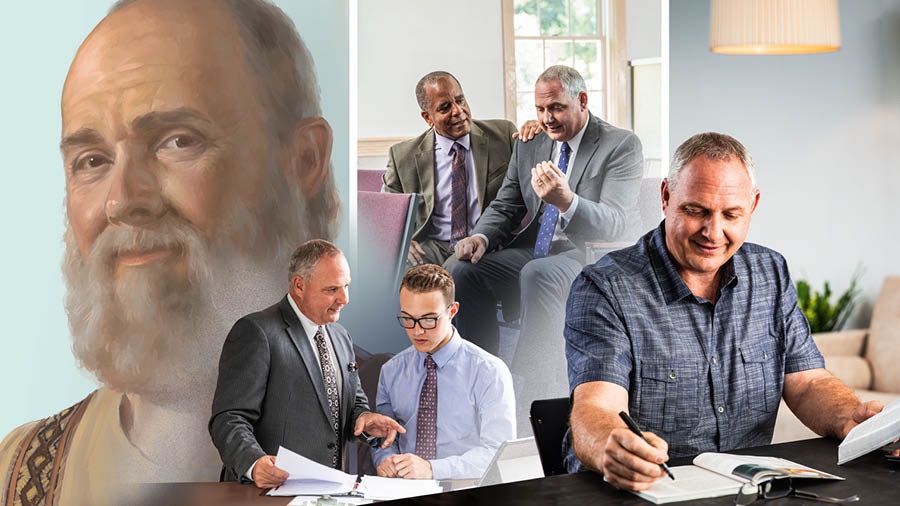 Kolaž: 1. Pavel je nasmejan in iz njegovega obraza je razbrati mir. 2. Starešina usposablja mladega brata, da bo lahko prevzel dodatne odgovornosti. 3. Isti starešina prejme tolažbo od sostarešina. 4. Starešina z veseljem preučuje Sveto pismo s pomočjo publikacije.