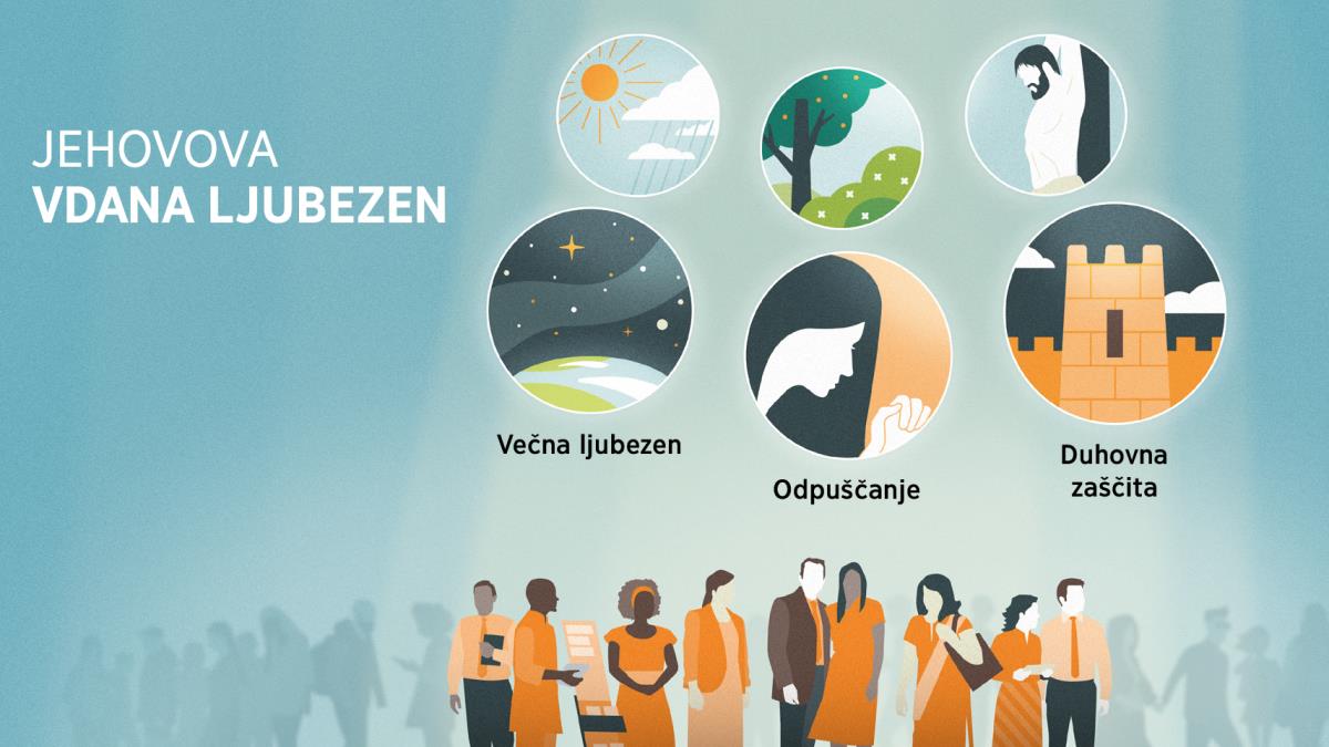 Jehovovi služabniki na sliki izstopajo med drugimi ljudmi. Kolaž slik: Nekaj načinov, kako Jehova kaže vdano ljubezen. 1. Večna ljubezen, prikazana z zemljo, ki jo obdajajo zvezde. 2. Odpuščanje, prikazano s sestro, ki moli. 3. Duhovna zaščita, prikazana z utrjenim mestnim obzidjem. V ozadju so prikazani načini, kako Jehova kaže ljubezen ljudem na splošno. 4. Sonce in dež. 5. Rože, drevesa in druge rastline. 6. Odkupnina.