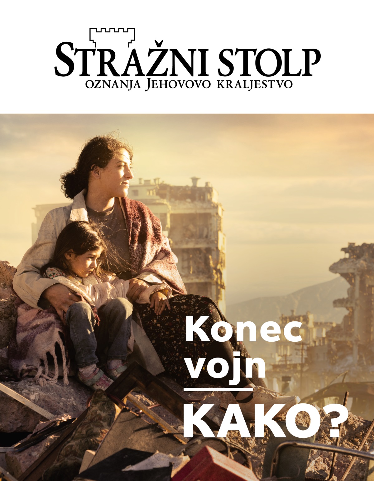 Ženska objema svojo mlado hčerko, s katero sedita na kupu ruševin v mestu, ki ga je opustošila vojna. Okoli njiju so razrušene zgradbe.