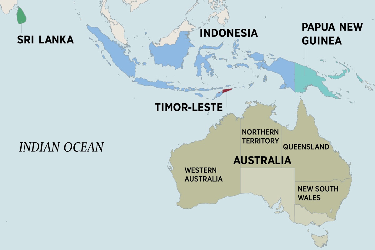 Mepu yeAustralia uye dzimwe nyika dziri pedyo dzinosanganisira Sri Lanka, Indonesia, Papua New Guinea, uye Timor-Leste. Mepu yeAustralia ichiratidza Northern Territory uye nharaunda dzinoti Western Australia, Queensland, neNew South Wales.