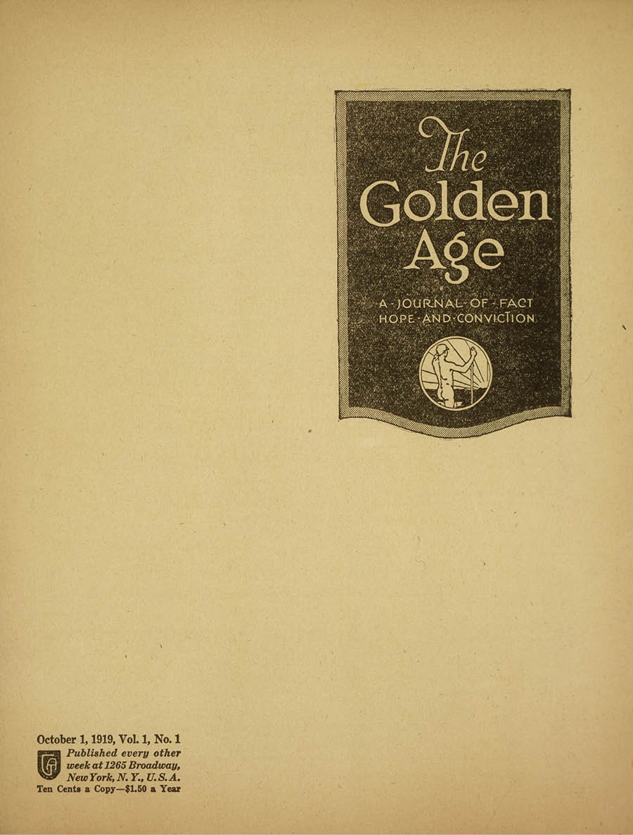 Kavha yemagazini yekutanga yeThe Golden Age, yaOctober 1, 1919