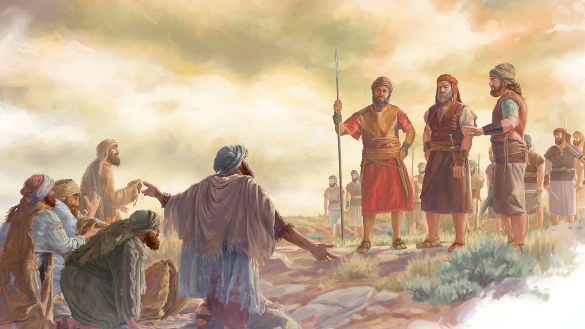 VaGibhiyoni vakapfugama pamberi paJoshua nemamwe masoja echiIsraeri vachikumbira kuti vaite rugare navo. Vari kuvaratidzawo hembe dzavo nehomwe dzewaini zvasakara.