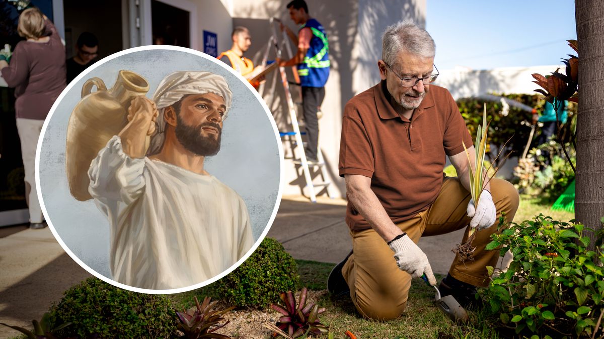 Mifananidzo: Vamwe vari kuzvipira kuita mabasa anoonekwa nevamwe seakaderera. 1. Murume wechiGibhiyoni akatakura chirongo chemvura. 2. Hama yechikuru iri kudyara maruva paImba yeUmambo.