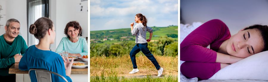 Një djalë adoleshente që po ha një vakt me prindërit, po vrapon dhe po fle