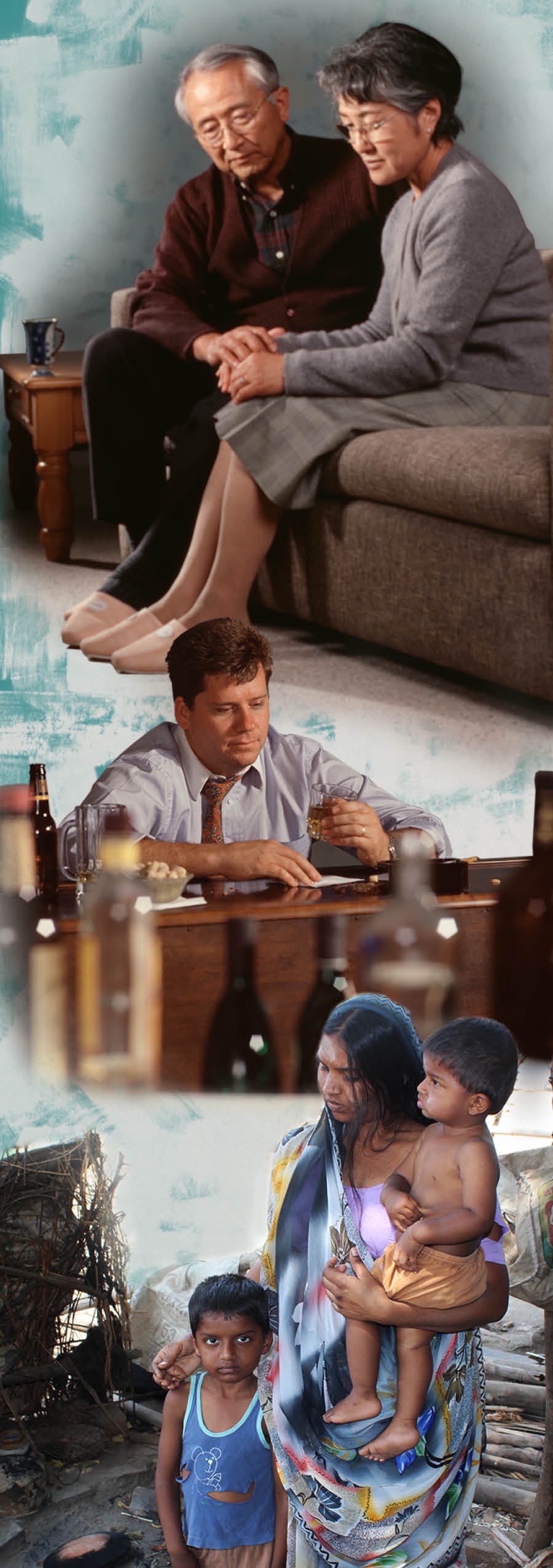 Një çift lufton me stresin; një burrë duke pirë alkool vetëm; një familje në varfëri ekstreme