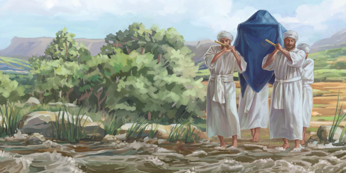 Priftërinjtë mbartin arkën e besëlidhjes ndërsa fusin këmbët në ujërat e rrëmbyer të lumit Jordan.