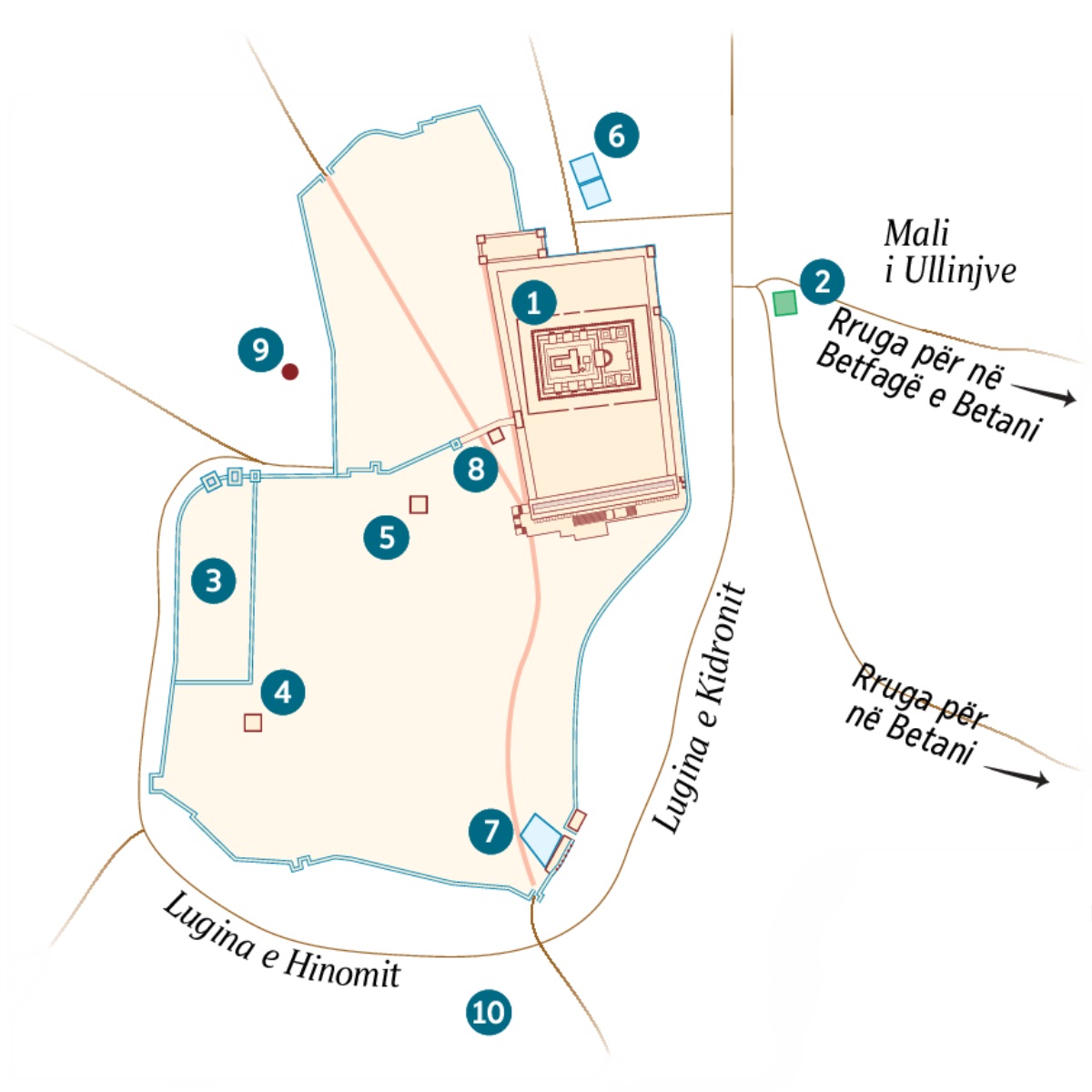 Një hartë që tregon Jerusalemin dhe zonën përreth. Aty janë renditur vende të njohura dhe të mundshme. 1. Tempulli. 2. Kopshti i Getsemanisë. 3. Pallati i guvernatorit. 4. Shtëpia e Kajafës. 5. Pallati i përdorur nga Herod Antipa. 6. Rezervuari i Betzatës. 7. Rezervuari i Siloamit. 8. Salla e Sinedrit. 9. Golgota. 10. Akeldama.