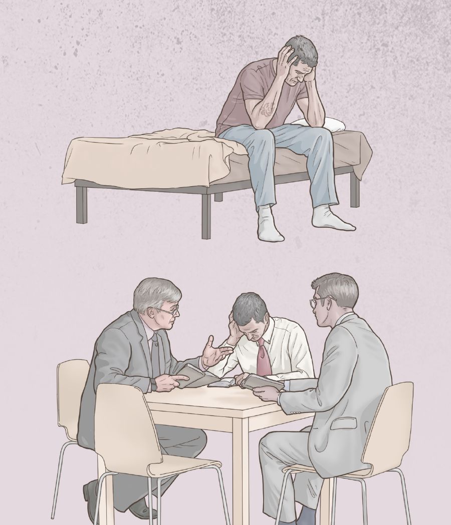 Një vëlla ulur në krevat është i stresuar për shkak të mëkatit të tij, por më vonë takohet me dy pleq