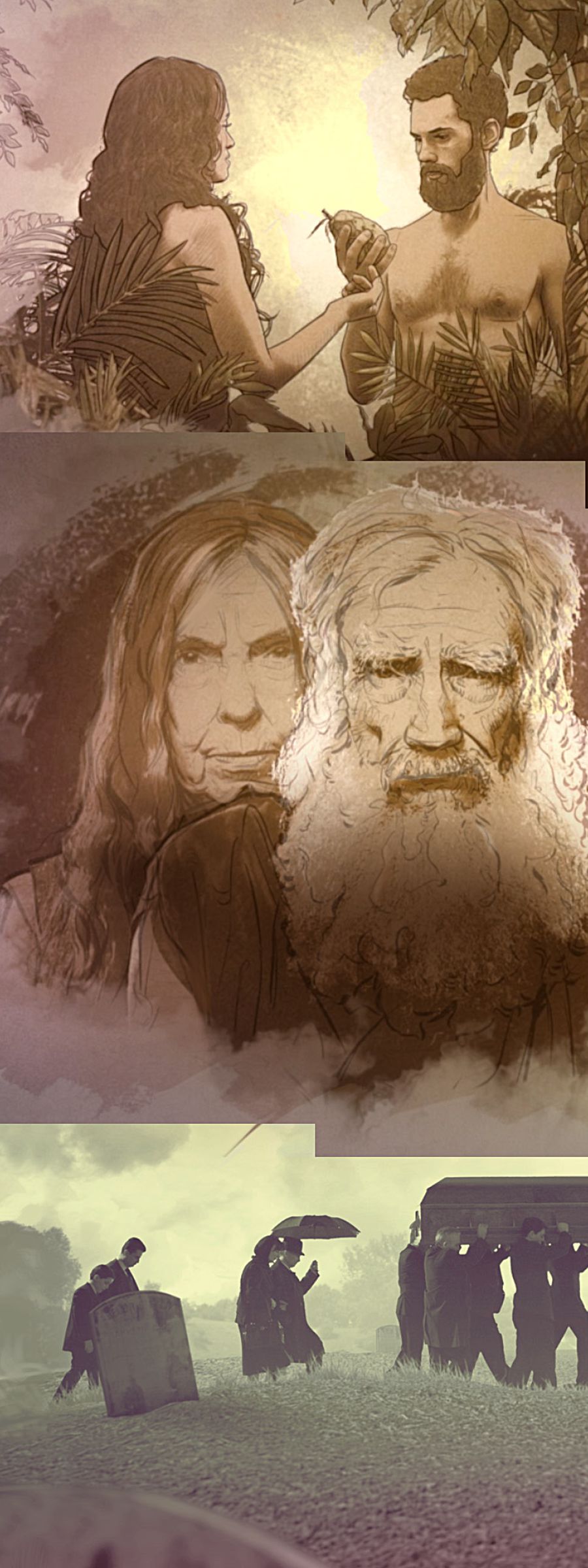 Adami dhe Eva duke parë frytin e ndaluar; Adami dhe Eva të plakur; duke çuar një arkivol në varreza